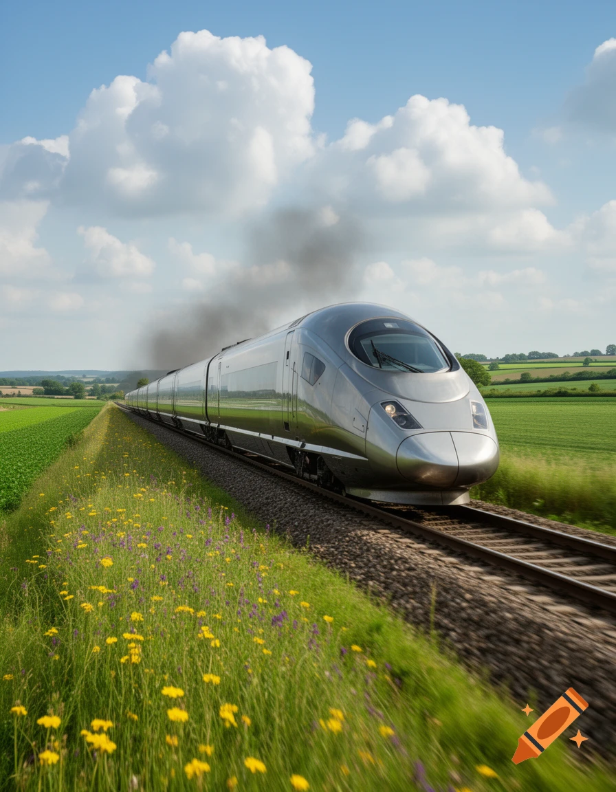 A silver high-speed train moves rapidly through vibrant green fields with wildflowers under a blue sky.