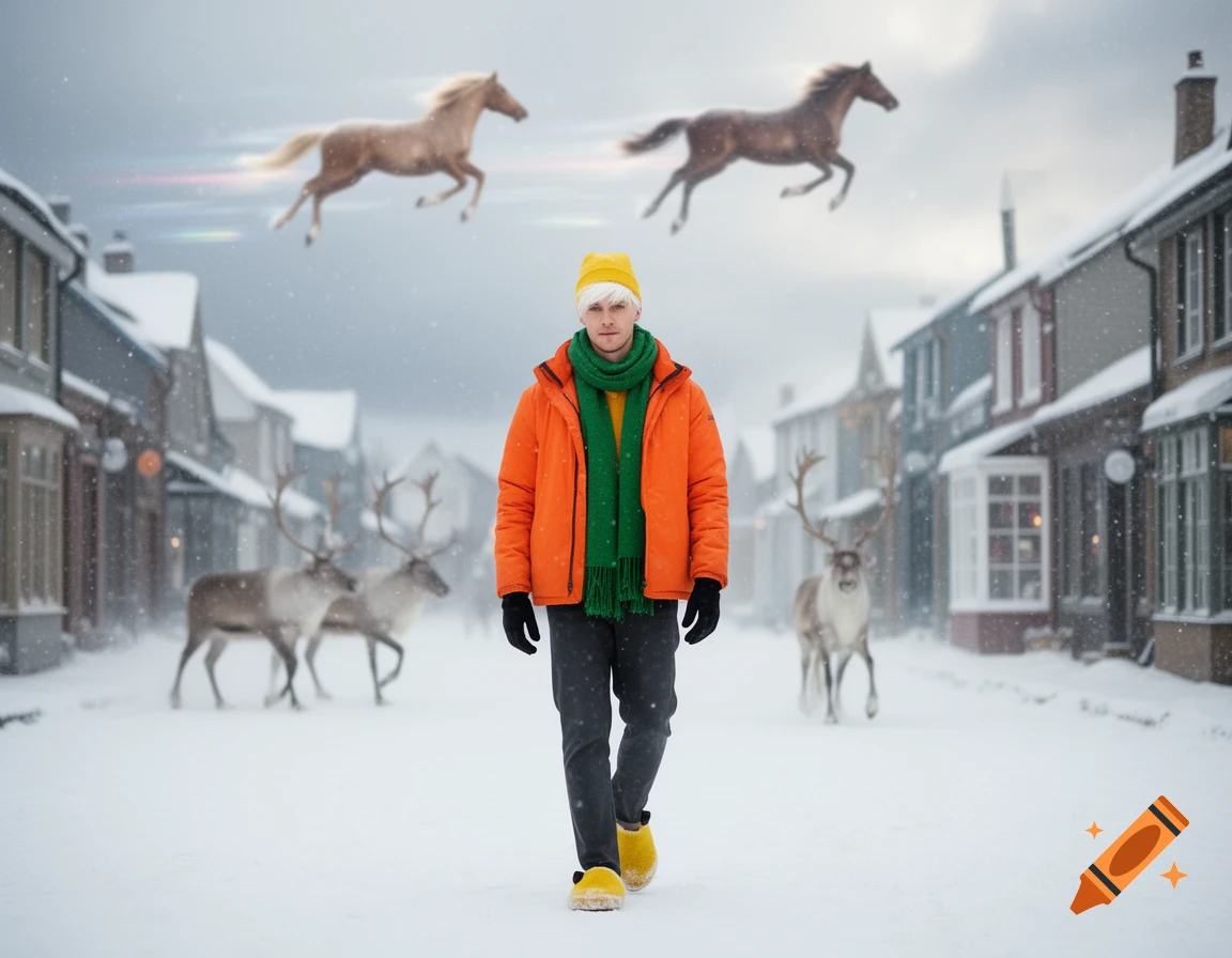 A man in an orange jacket, green scarf, and yellow hat stands in a snowy town street with reindeer and flying horses.