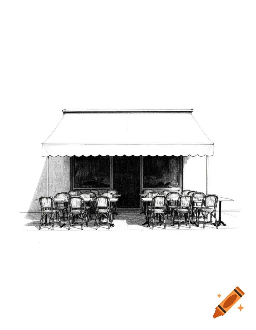 Minimalist black and white sketch of a deserted outdoor cafe with an awning, tables, and chairs.