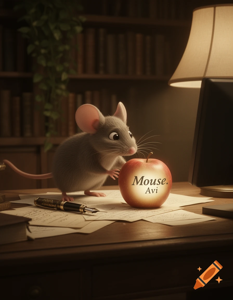 A cute cartoon mouse stands on a desk next to a glowing red apple with 'Mouse. Avi' text, a pen, and papers. A lamp and bookshelf are in the background.