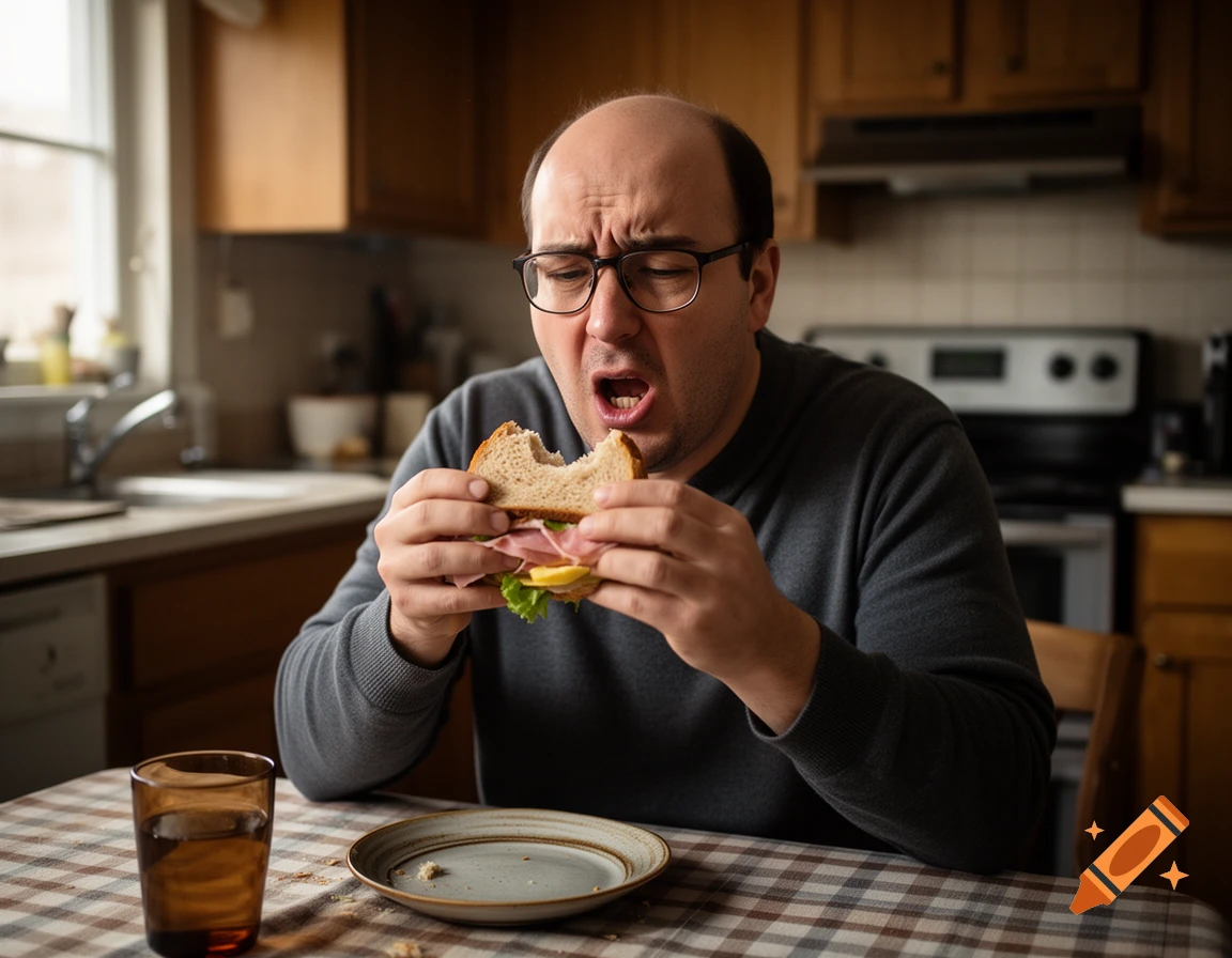 A bald man in glasses eats a sandwich, gagging dramatically at a kitchen table.