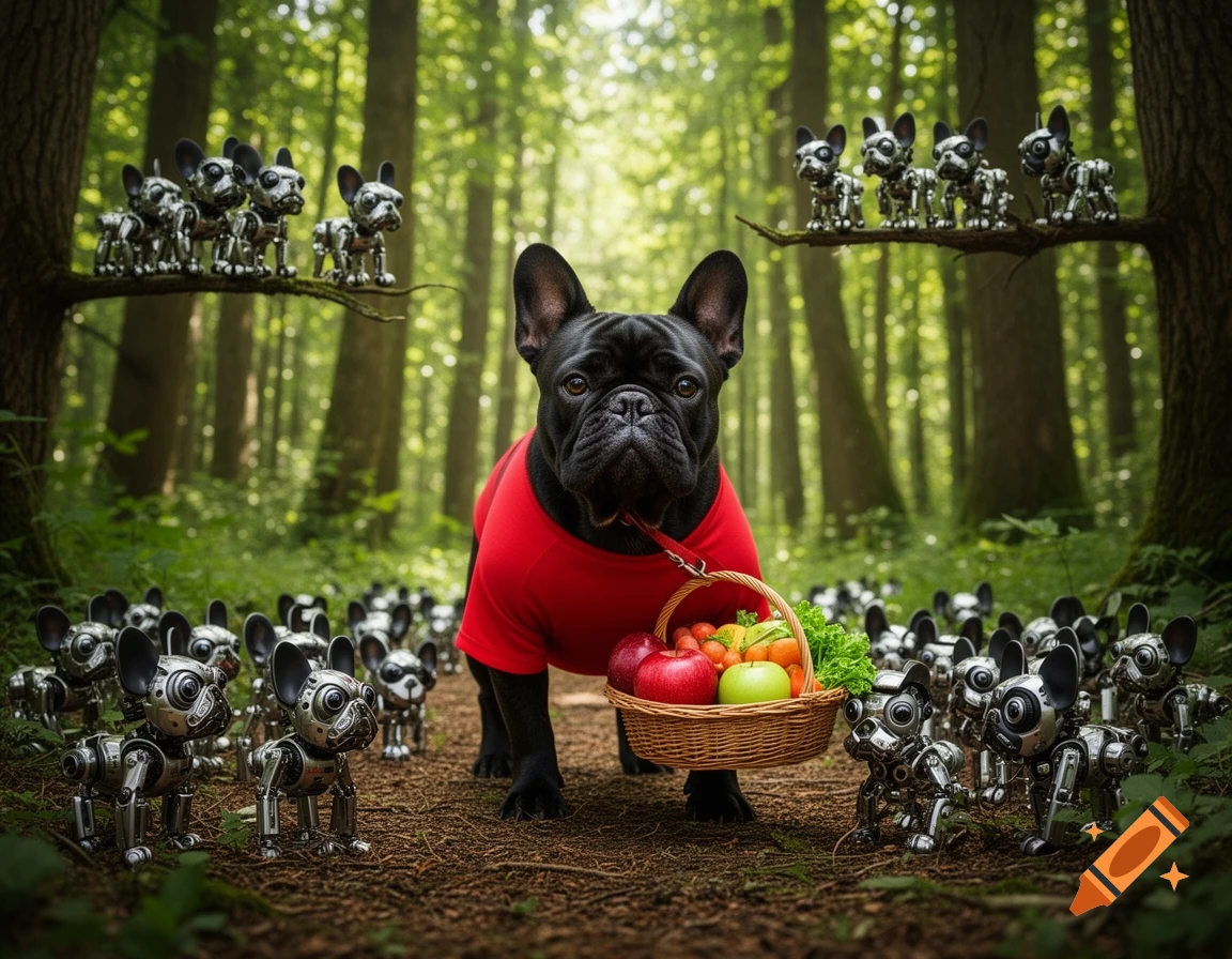 Photorealistic black French bulldog in a red shirt carrying a fruit basket, surrounded by numerous small robot bulldogs in a lush forest.
