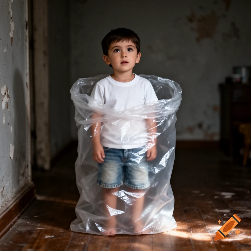 A young boy with dark hair and a white t-shirt stands inside a clear plastic bag in a room with peeling walls and a wooden floor.