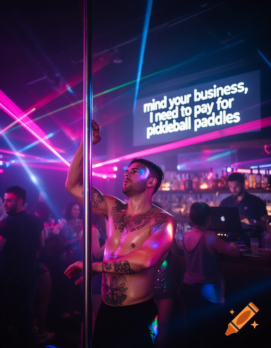 Shirtless man with tattoos on a dance pole in a neon-lit club, with the text "mind your business, I need to pay for pickleball paddles" on a screen in the background.