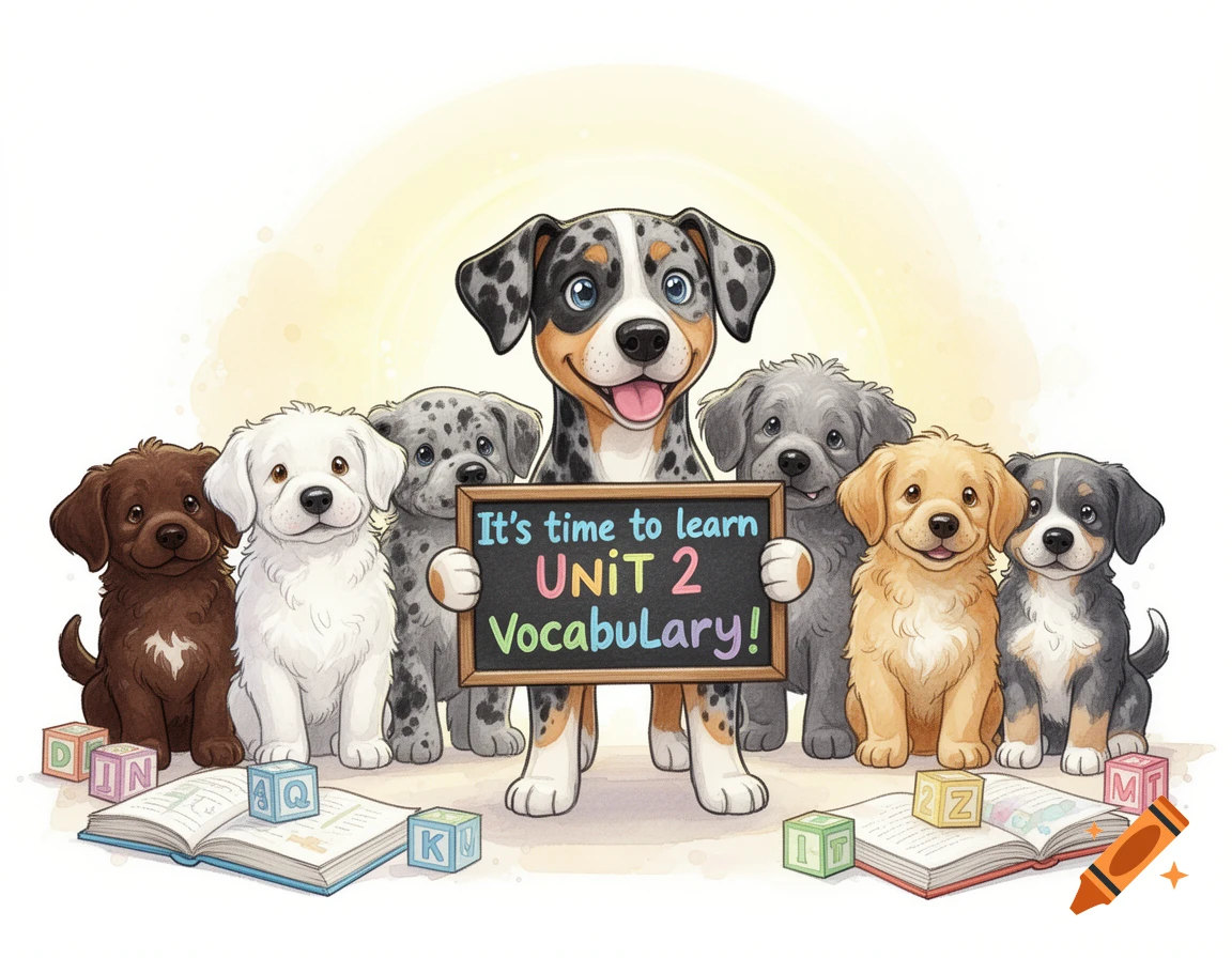 Colorful sketch of puppies, a spotted pup holds a chalkboard with 'It's time to learn UNIT 2 Vocabulary!', with books and letter blocks.