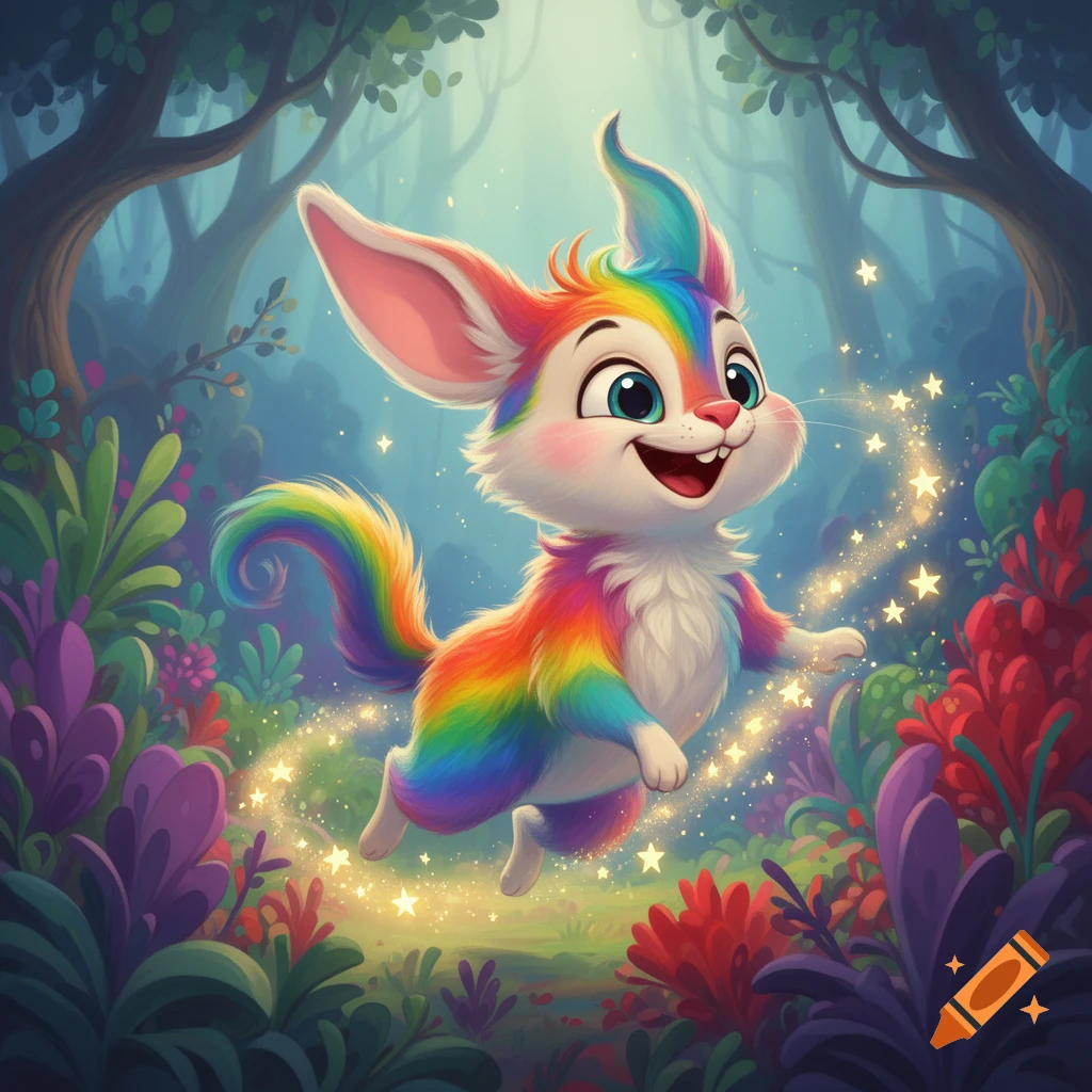 A vibrant, rainbow-colored cartoon creature with large ears hops happily through a magical, lush forest, leaving a trail of sparkling stars.