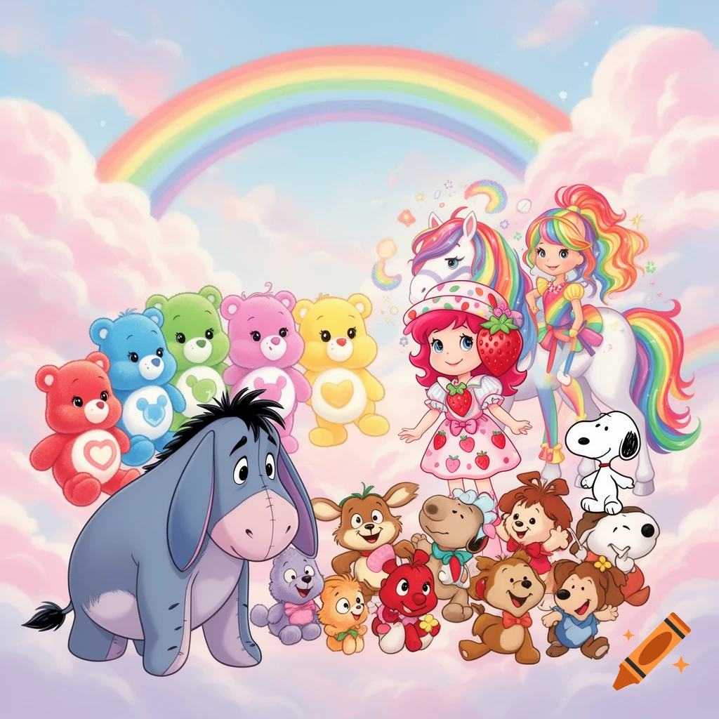 A colorful cartoon illustration of Eeyore, Care Bears, Rainbow Brite with her horse, Strawberry Shortcake, Get Along Gang characters, and Snoopy in a whimsical sky with a rainbow and pink clouds.