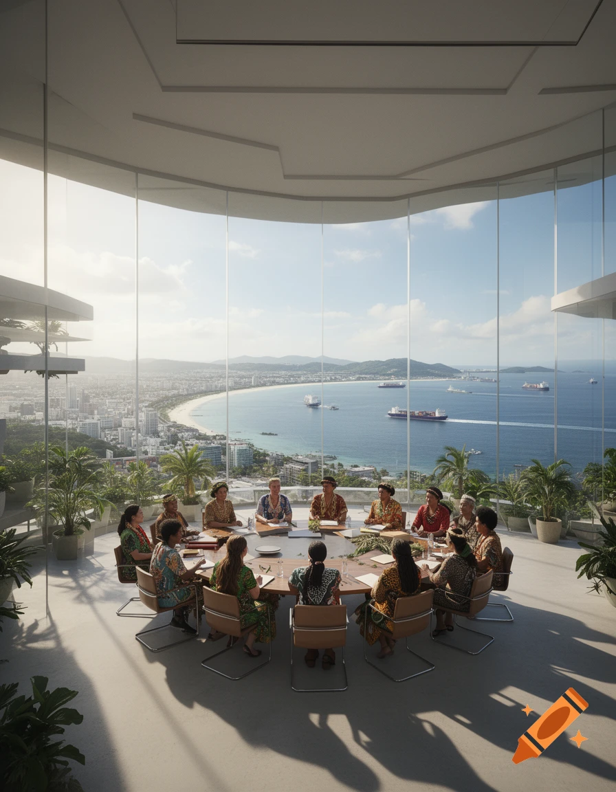 A diverse group of people in a photorealistic meeting room with a panoramic view of a city, bay, and ships.
