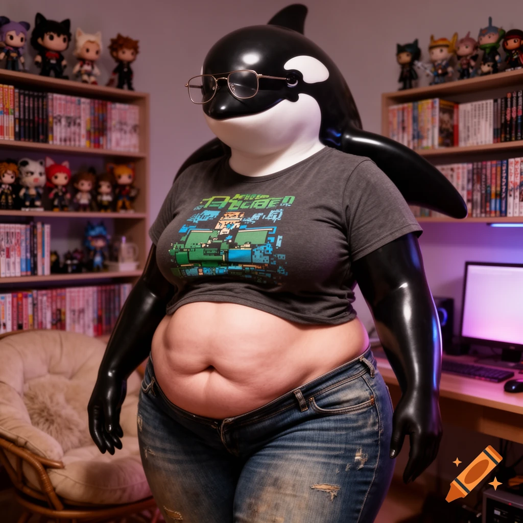 An anthro orca character wearing glasses, a grey t-shirt with pixel art, and jeans, stands in a room with shelves of manga and figures.