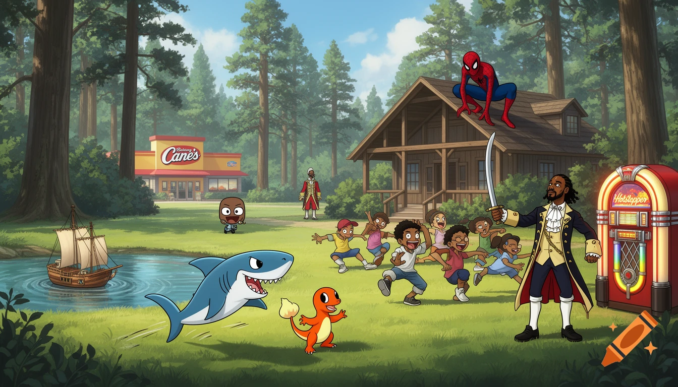 Vibrant cartoon crossover at a summer camp, with Jeff the Landshark chasing Charmander, Spider-Man on a cabin roof, and Lafayette from Hamilton holding a sword near a "Hotstepper" jukebox. A "Raising Cane's" restaurant is in the background.