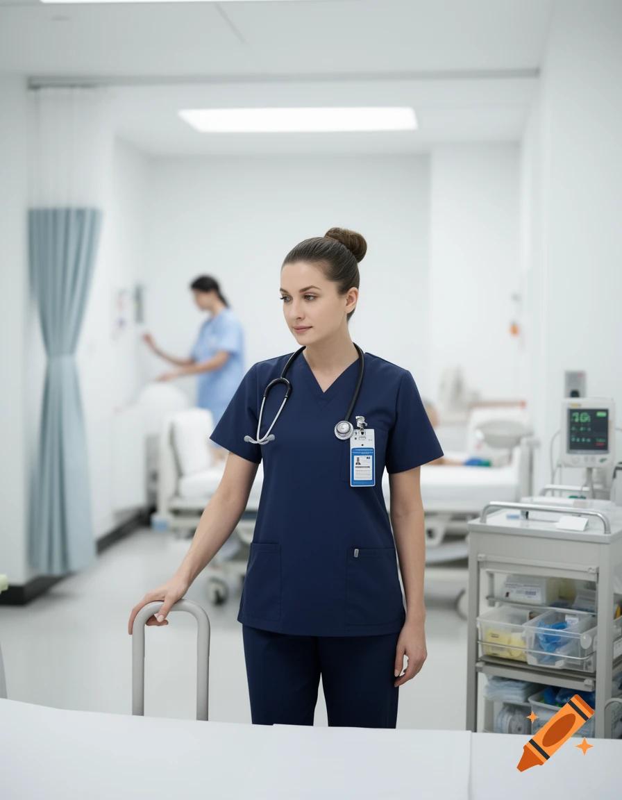 A female nurse in a dark blue scrub uniform and a stethoscope stands in a brightly lit hospital corridor.