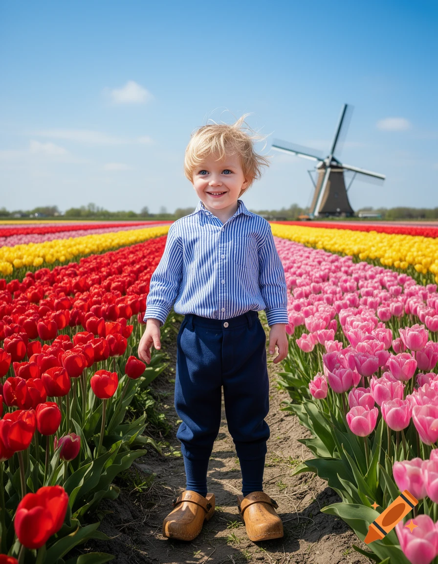 A smiling blond boy stands in a colorful field of red, yellow, and pink tulips, with a traditional windmill under a blue sky.