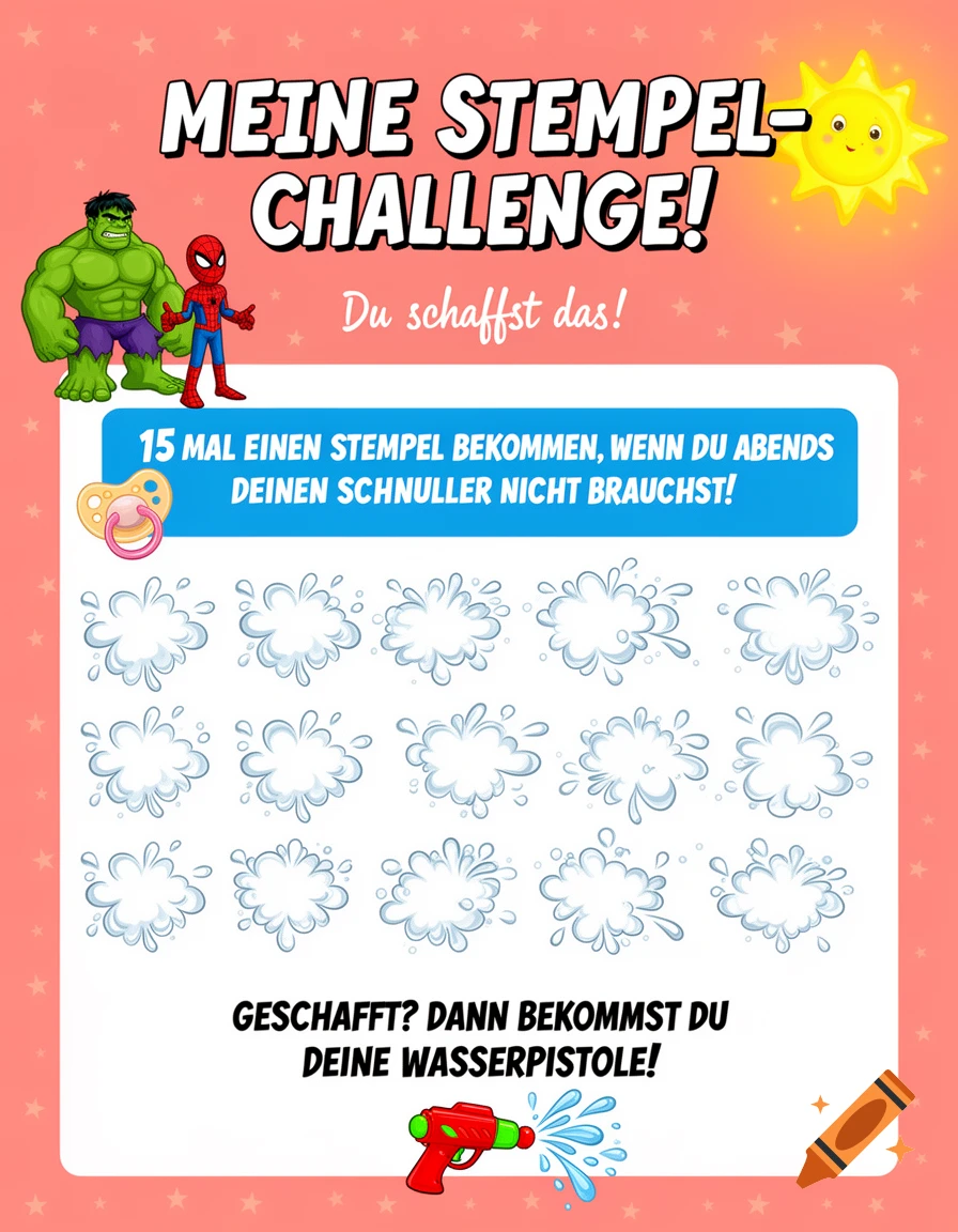 A colorful cartoon reward chart in German with Hulk and Spider-Man, titled "MEINE STEMPEL-CHALLENGE!" (My Stamp Challenge!), encouraging children to give up pacifiers for a water gun reward.