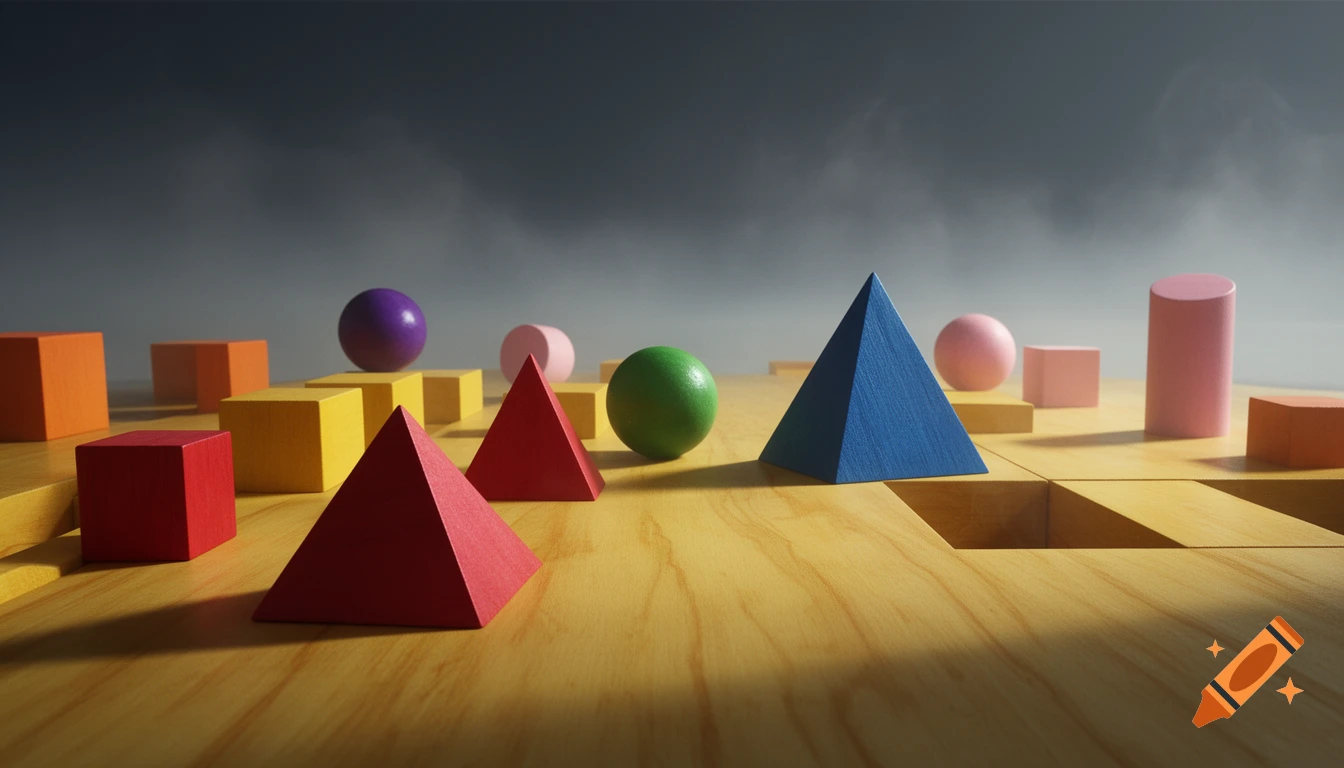 Hyper-realistic 3D render of colorful wooden geometric shapes on a yellow wood surface with dramatic lighting and fog.