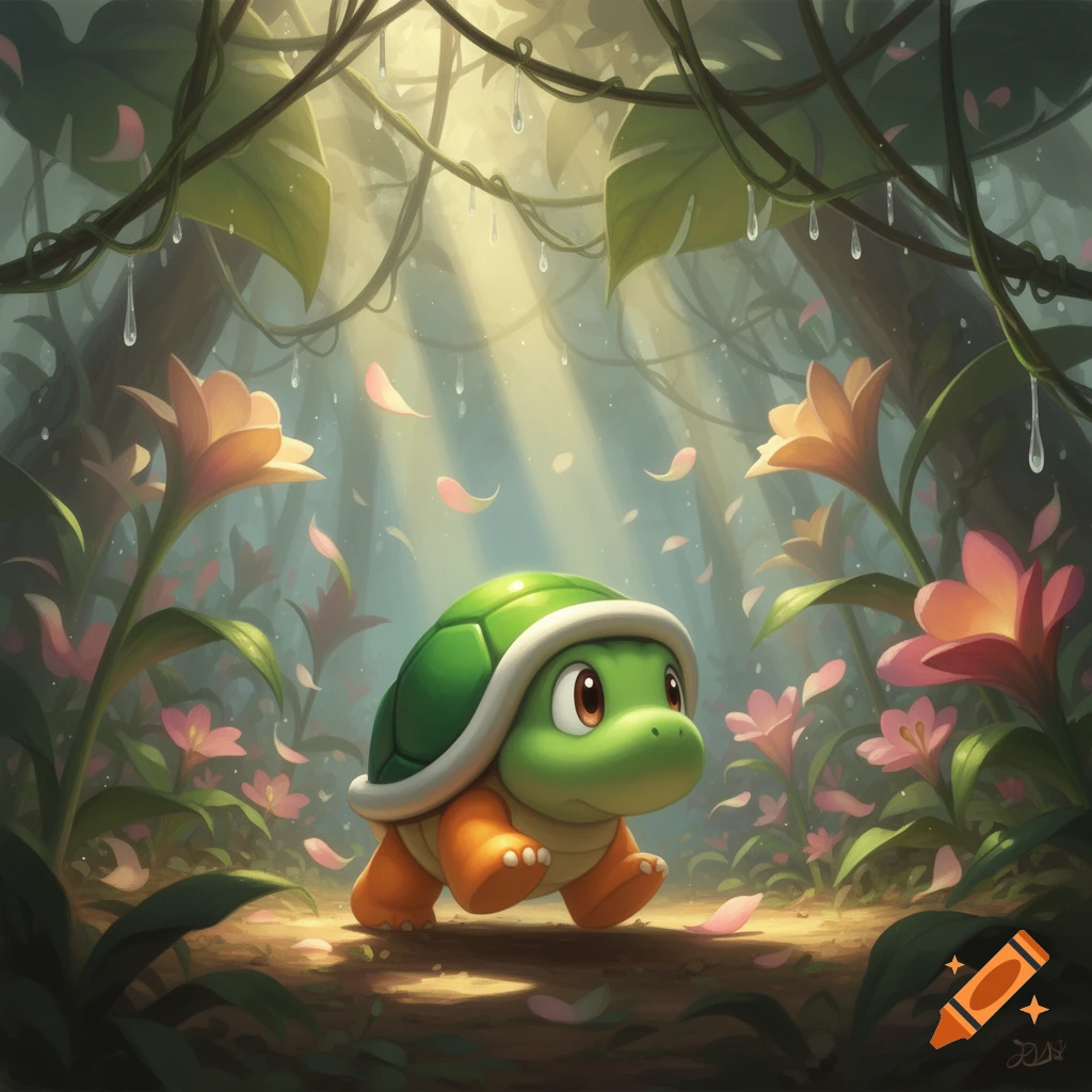 A cute, cartoon-style baby turtle with a green shell and orange feet walks through a lush, sunlit forest with pink and orange flowers.