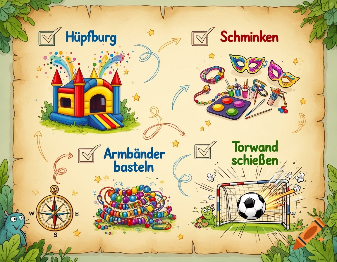 Cartoon style children's activity map with illustrations of a bounce house, face painting, bracelet making, and soccer goal.