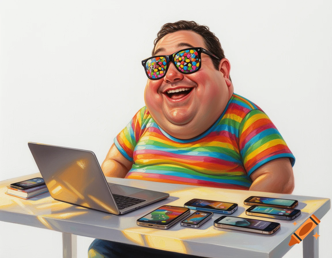 An oil painting caricature of a jovial, chubby man in a colorful striped t-shirt and candy-filled sunglasses laughing at a desk with a laptop and multiple smartphones.