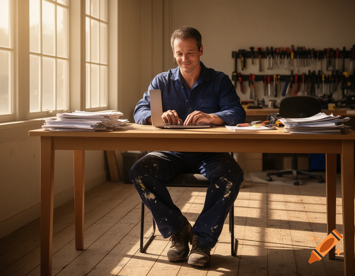 A smiling craftsman in blue work clothes types on a laptop at a wooden desk in a sunny workshop.