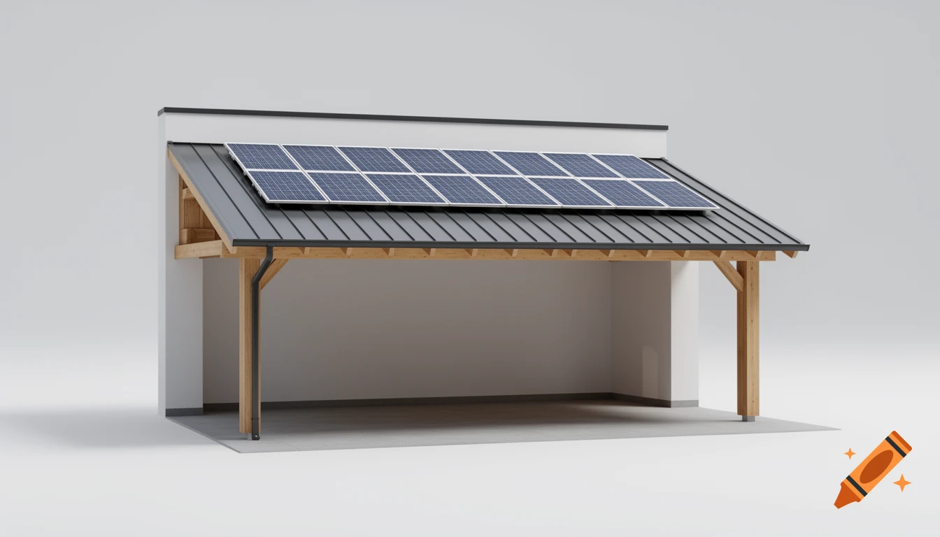 A clean 3D architectural render of a modern wooden carport with a dark trapezoidal steel roof holding 12 solar panels.
