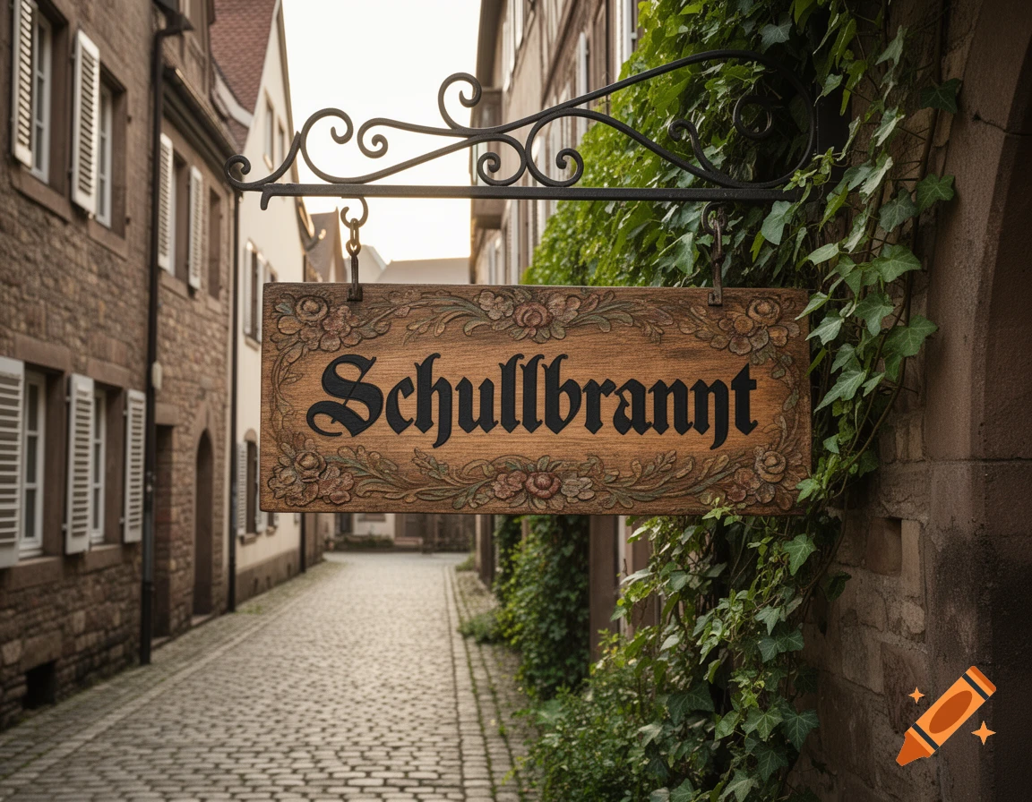 Photorealistic image of a wooden sign reading 'Schullbrannt' hanging over a cobblestone street in an old European town.