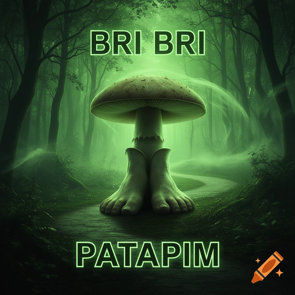 A surreal mushroom with human-like feet stands on a glowing green forest path, with "BRI BRI" at the top and "PATAPIM" at the bottom.