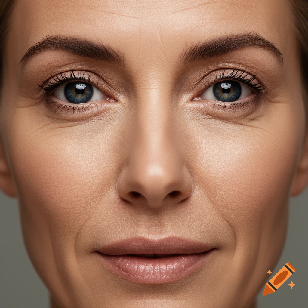 Close-up photorealistic portrait of a woman's face with blue eyes and wrinkles, slight smile.