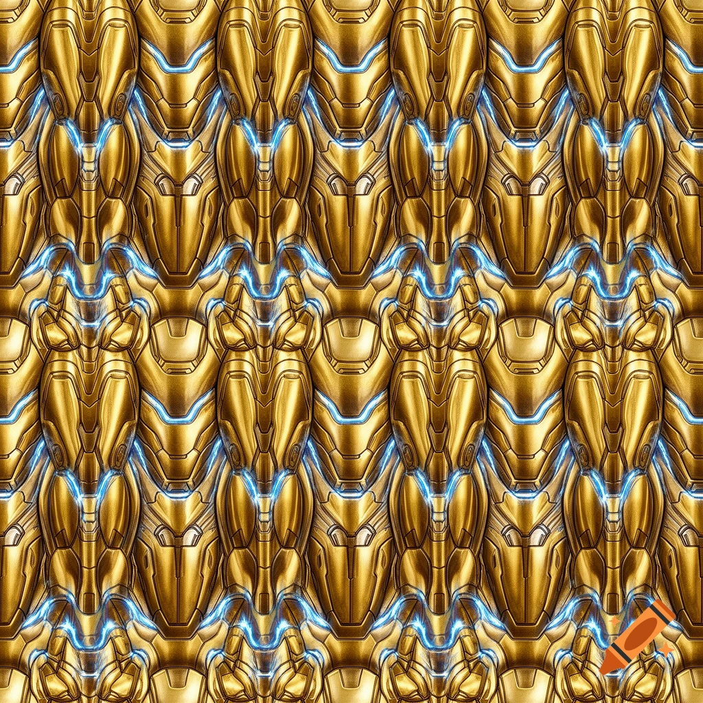 A seamless, repeating pattern of intricate gold armor segments with glowing blue energy accents, resembling Iron Man leg armor.
