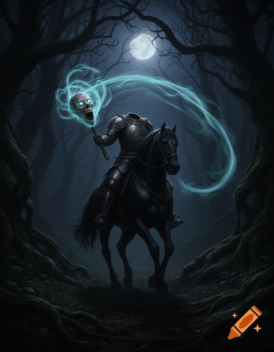 A headless knight in armor rides a black horse through a dark, gnarled forest under a full moon, holding its screaming, glowing blue skull like a flail.
