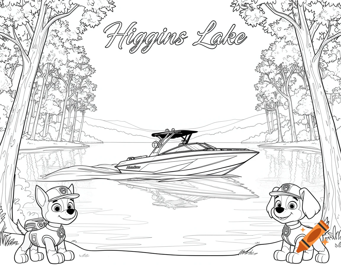 Black and white coloring page showing two cartoon dogs by a lake with a Malibu boat and trees, with "Higgins Lake" text above.