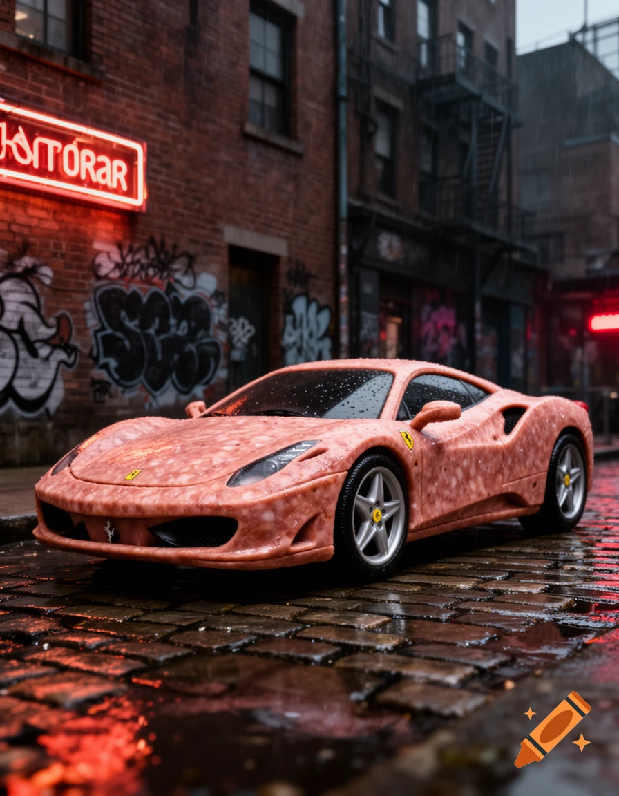 A photorealistic Ferrari sports car made of ground meat, parked on a wet cobblestone street in a gritty urban alley with neon signs and graffiti under the rain.