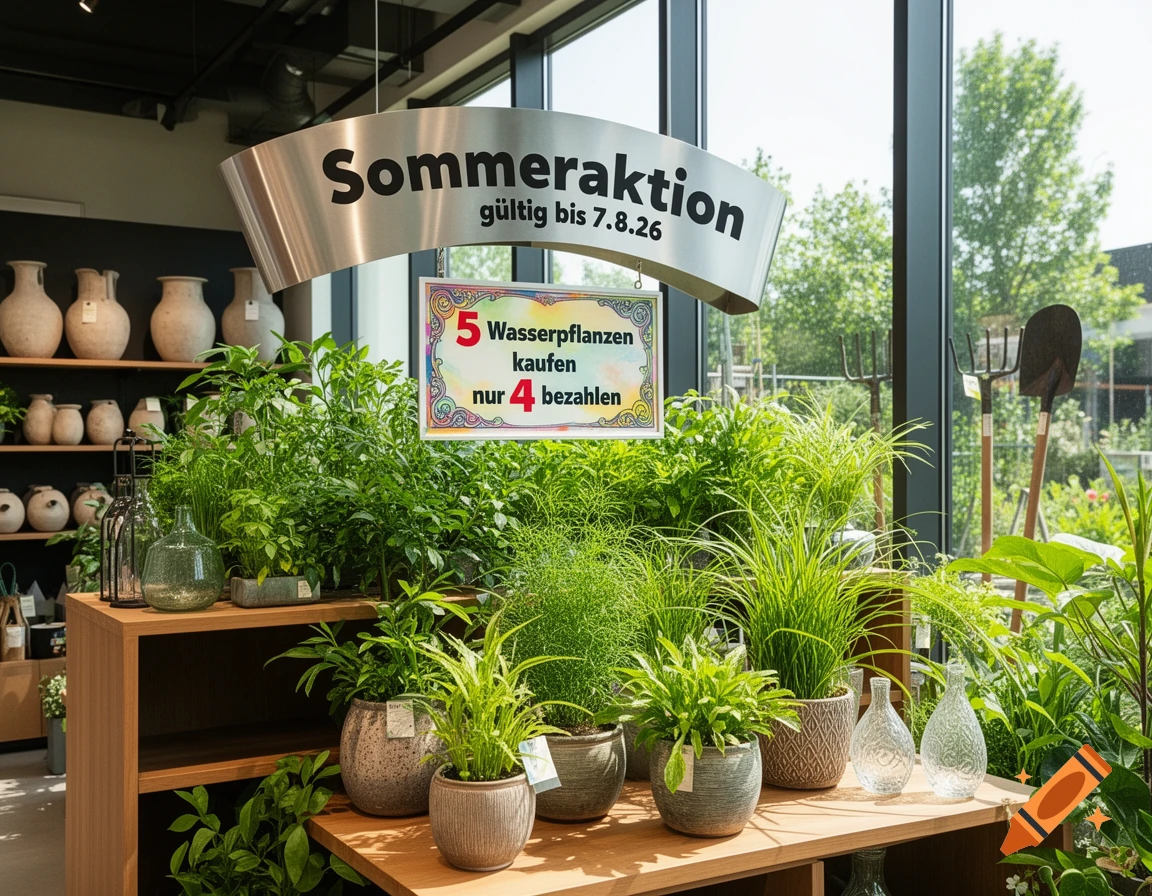 A bright garden center display with various potted plants and a prominent sign advertising a 'Sommeraktion' (summer sale).