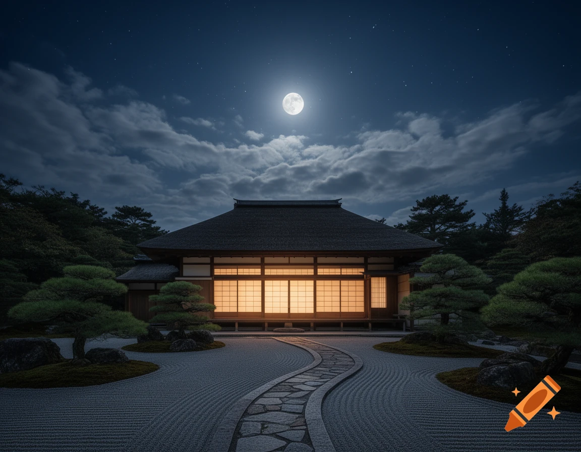 Photorealistic image of a traditional Japanese mansion with glowing windows and a stone path through a zen garden under a full moon and starry night sky.