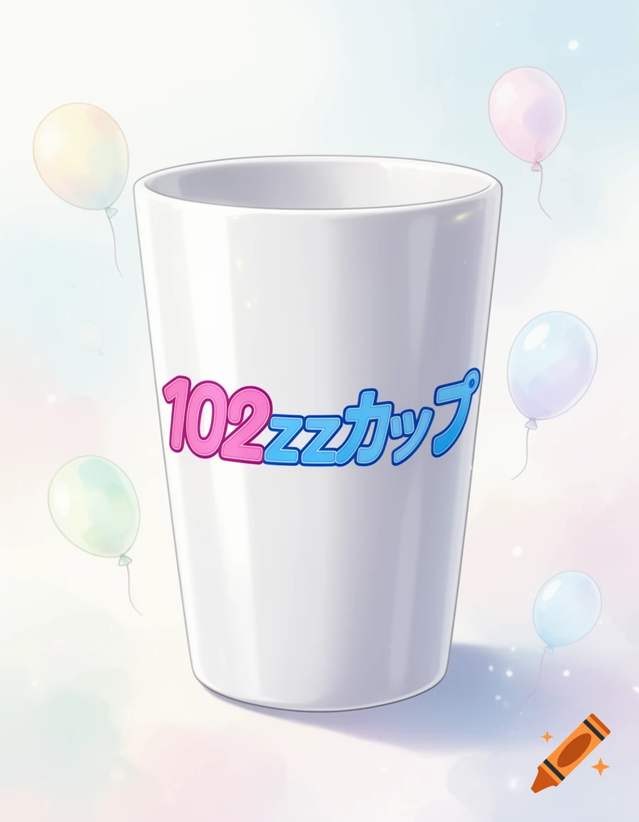 A white cup with "102zzzカップ" in pink and blue, surrounded by pastel balloons in an illustrative style.
