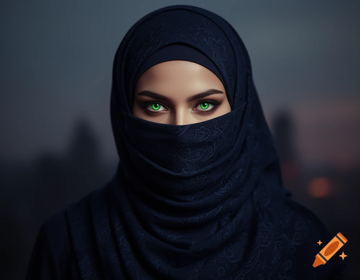 A close-up photorealistic portrait of a woman in a dark blue hijab, with piercing bright green eyes, looking directly forward.