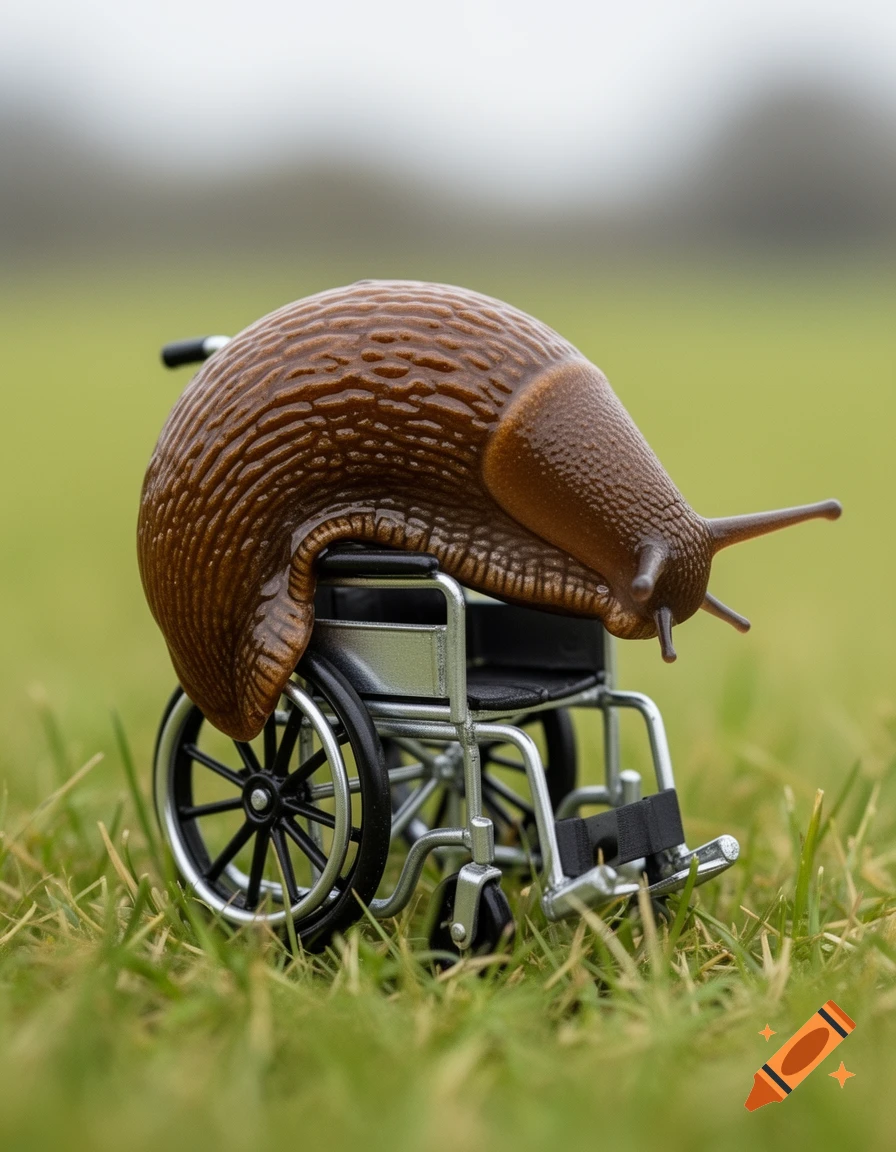 A large, brown, slimy slug sits on a small toy wheelchair in green grass, with a blurry background.