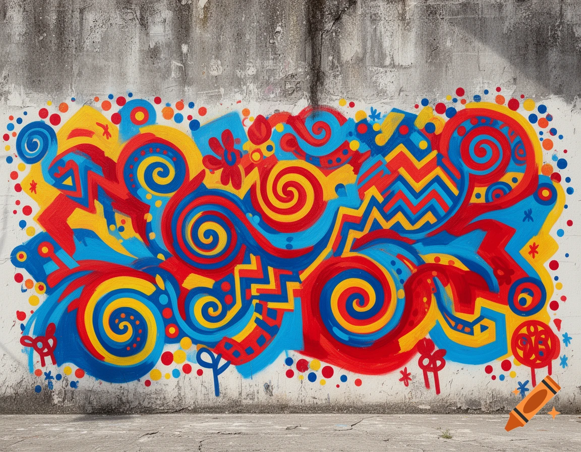A vibrant abstract street art mural with swirling patterns and geometric shapes in red, yellow, and blue on a concrete wall.