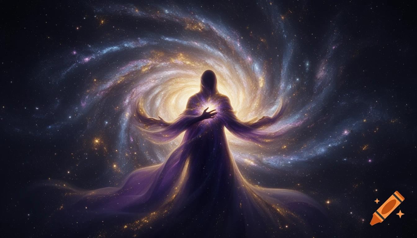 An ethereal figure with outstretched arms, glowing with cosmic energy against a backdrop of swirling purple, gold, and blue galaxies.