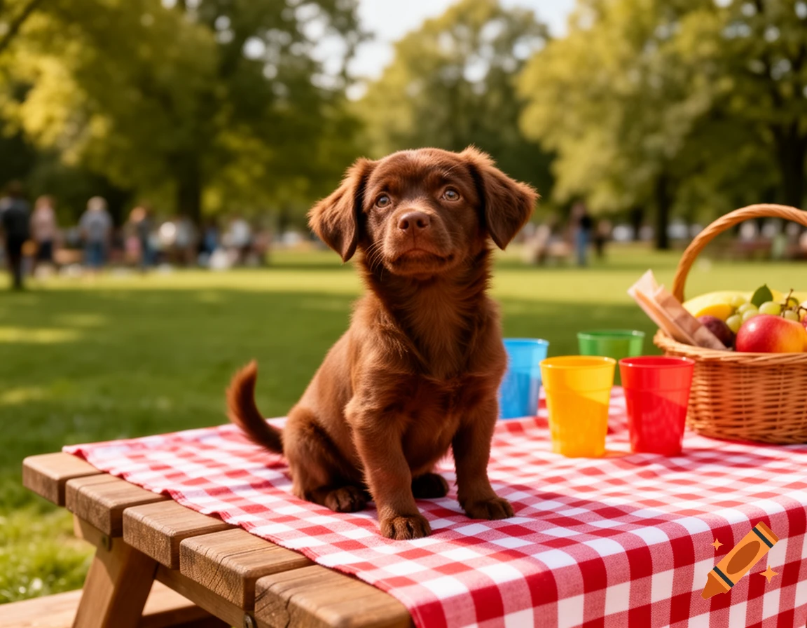 A cute brown puppy sits on a red and white checkered picnic blanket on a wooden table in a sunny park.