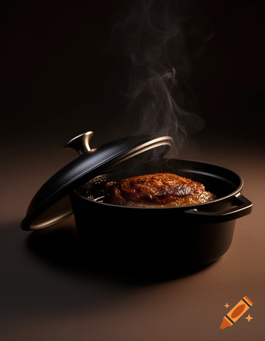 Photorealistic image of a black cast iron pot with its lid ajar, releasing steam over a piece of meat cooking inside, against a dark background.