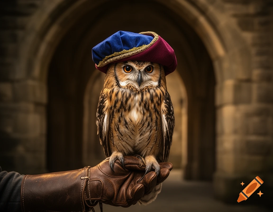 A majestic owl wearing a blue and red medieval hat perches on a brown leather-gloved hand in a stone archway.