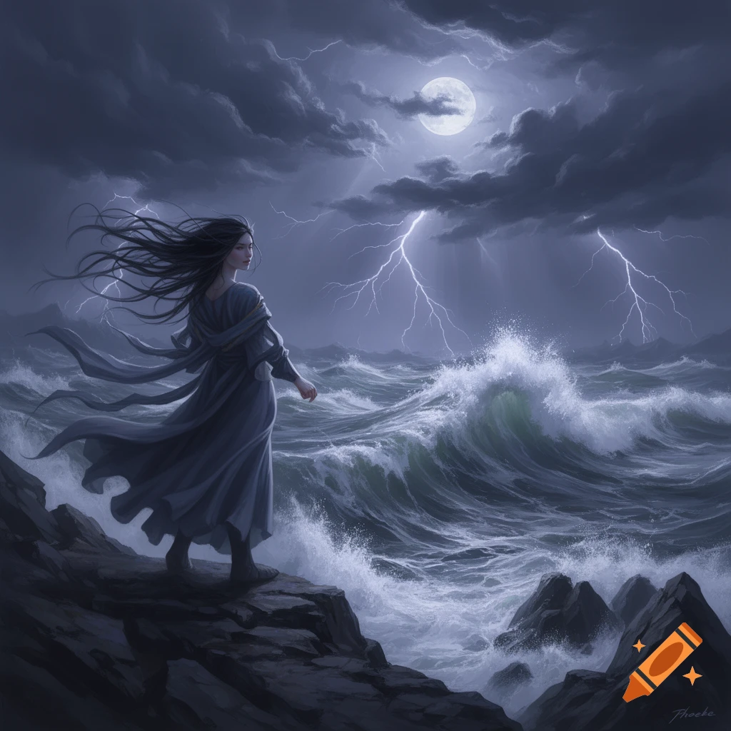 A woman in a flowing dress stands on a rocky coast, looking out at a stormy ocean under a full moon with lightning.