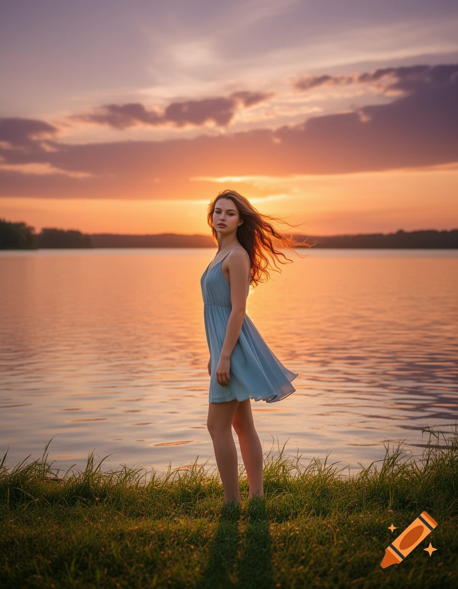 A young woman in a light blue summer dress stands barefoot in the grass by a lake at sunset, her hair blowing.