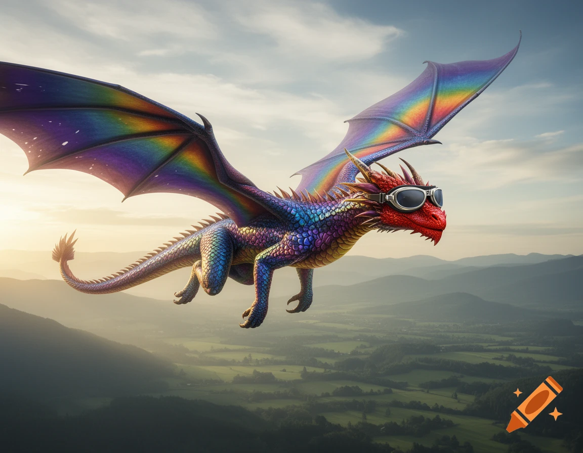 A vibrant rainbow-scaled dragon with a red head and flying goggles soars above a green, mountainous landscape at sunset.