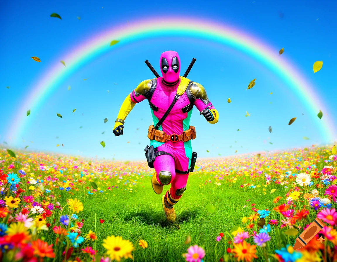 A pink, yellow, and teal Deadpool runs joyfully through a vibrant green field filled with colorful flowers under a bright blue sky with a rainbow and scattered leaves.