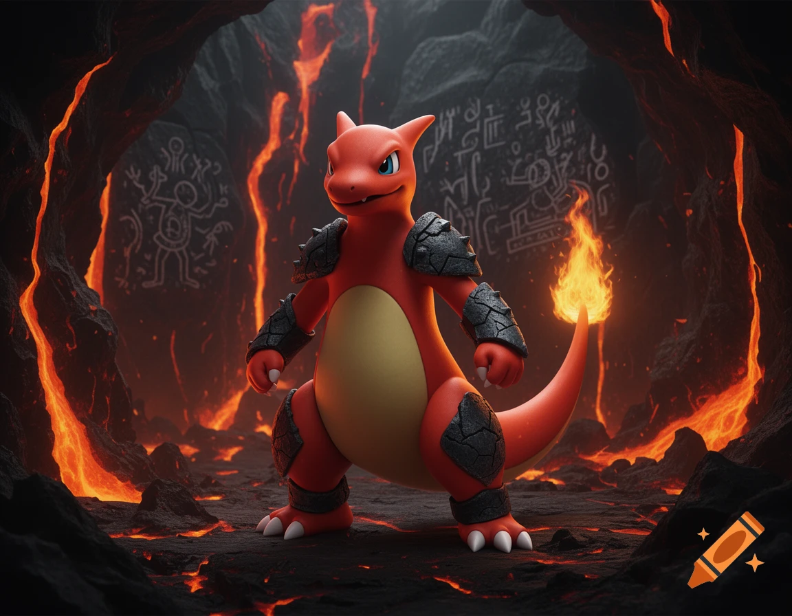 A Charmeleon warrior with dark armor stands in a fiery lava cave with ancient glyphs on the walls.