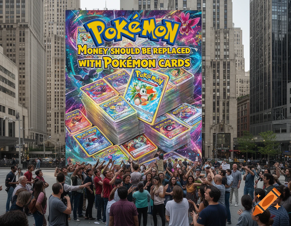 A giant billboard with 'MONEY SHOULD BE REPLACED WITH POK MON CARDS' and stacks of cards stands in a city square with a captivated crowd.