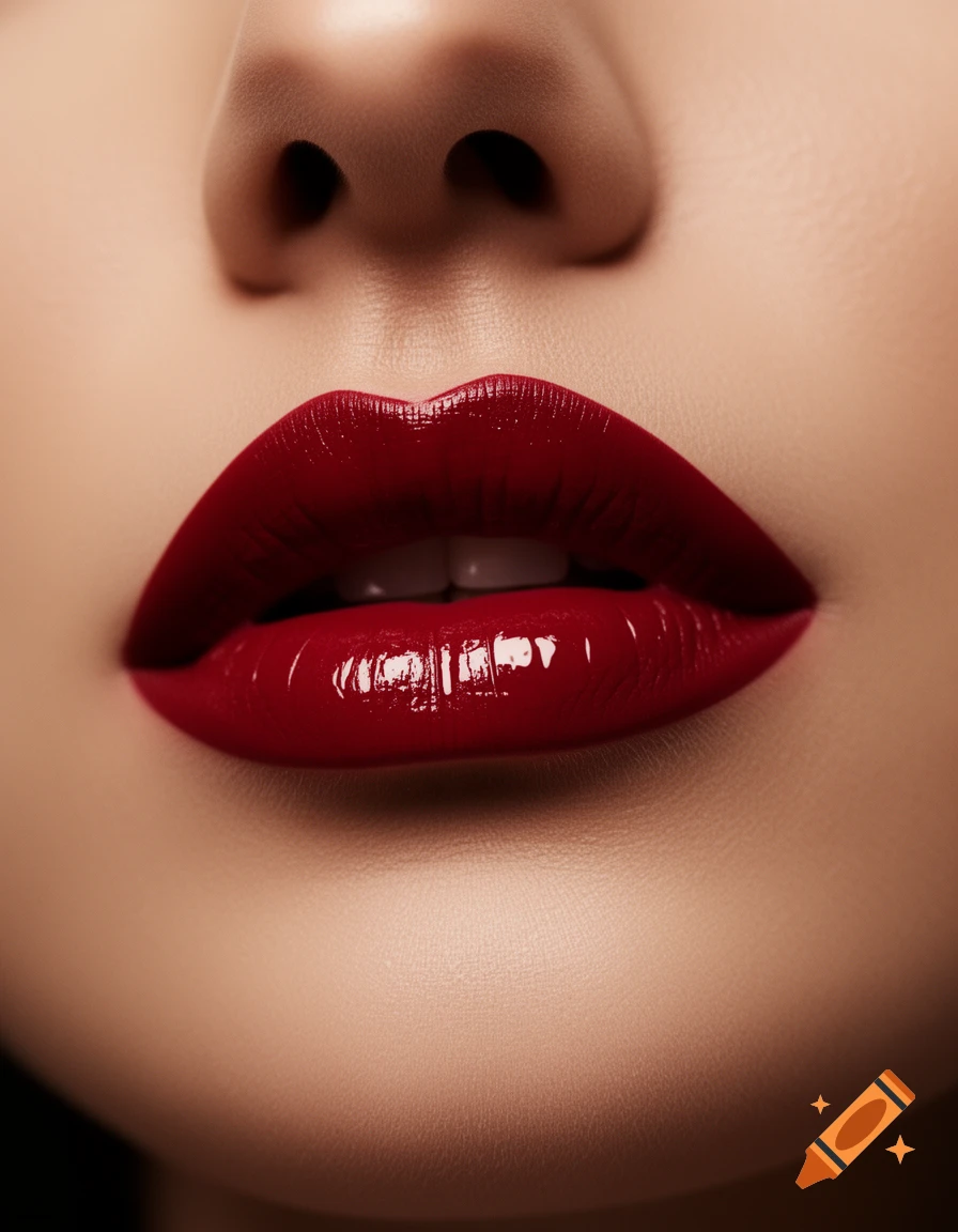 Close-up of a person's mouth featuring bright red, glossy lips and the lower part of their nose.