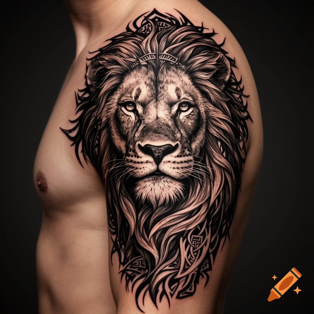 Detailed black and white lion head tattoo with Celtic patterns on a man's shoulder.