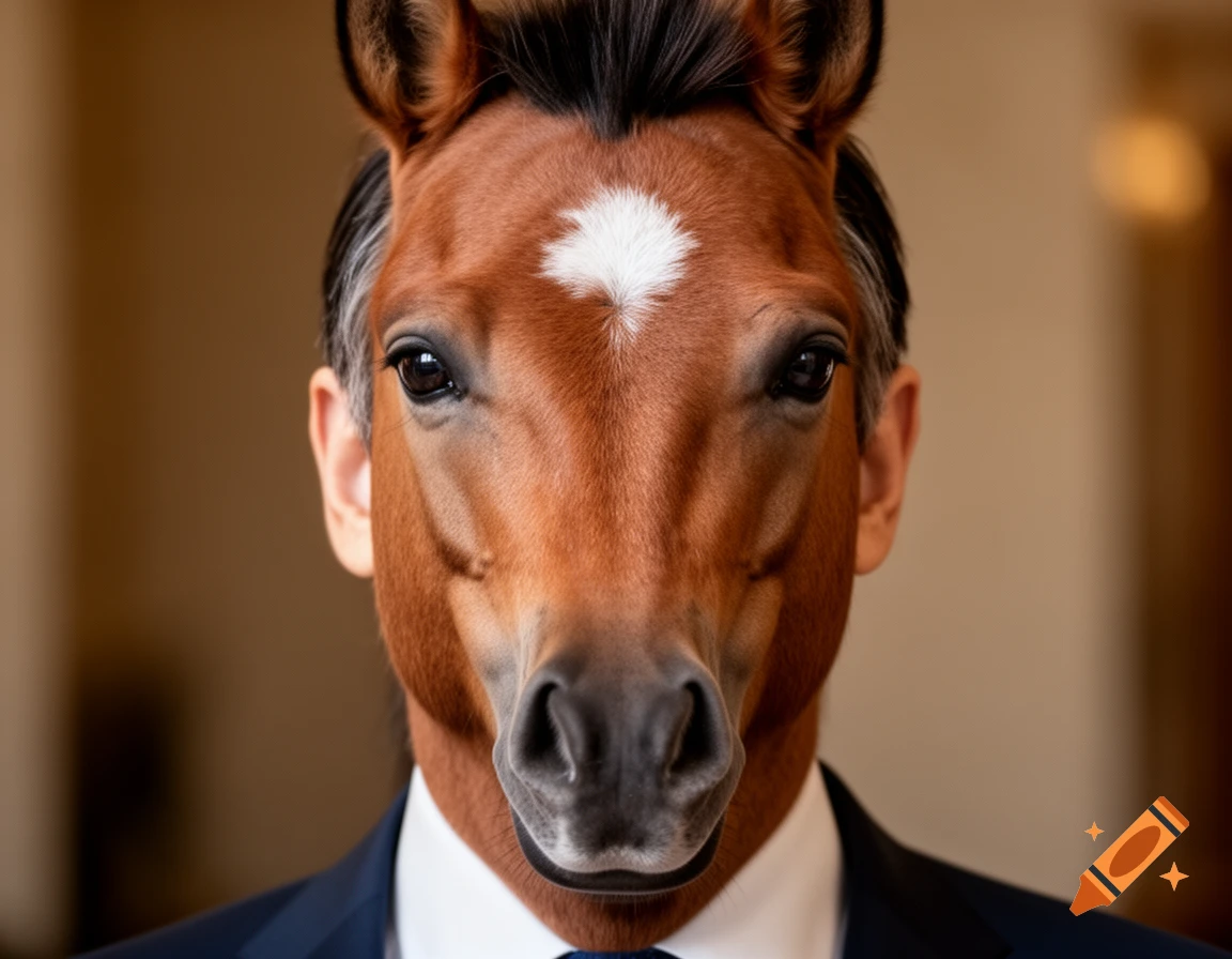 A photorealistic portrait of a person with a horse head wearing a dark suit and white shirt.