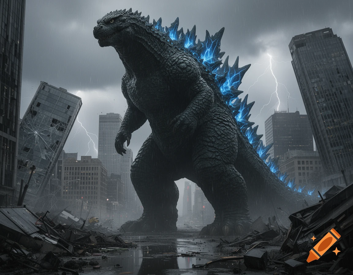 Godzilla, with glowing blue spines, stands amidst a destroyed city under a stormy sky with lightning.